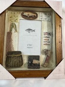 VINTAGE Frame Fishing Shadow Box 4X6 picture space HEAVY Wood / Tackle Box Pole - Picture 1 of 8