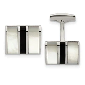 Stainless Steel Mother of Pearl Black Onyx Striped Cuff Links, 18x14mm - Picture 1 of 4