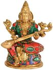 Goddess Saraswati Playing Veena Brass Figurine Statue With Inlay Work