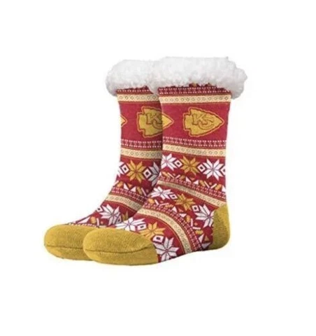 Kansas City Chiefs Women's Fair Aisle Tall Logo Footy Slippers Size 6-10 NonSkid Cover