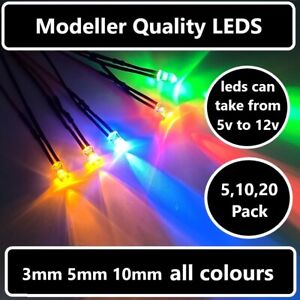 5 10 20 PCS 5V 9V 12V 3mm 5mm 10mm Wired LED Modeller Quality Colours FREEPOST