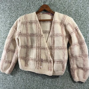Henry Grethel Strickjacke klein 80er Vintage Wolle creme rosa kariert Schulterpolster gebraucht, in einwandfreiem Zustand - Bild 1 von 7