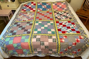 Vtg Feedsack Quilt TOP 70" X 88" 9 Patch Ginghams Hand & Machine Sewn Antique - Picture 1 of 12