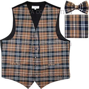 New Vesuvio Napoli Men's plaid Tuxedo Vest Waistcoat_Bowtie & Hankie set Brown - Picture 1 of 4