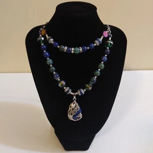 NEW Handcrafted Women's Double Stranded Blue Lapis Peacock 30" Necklace Leather - Picture 1 of 8