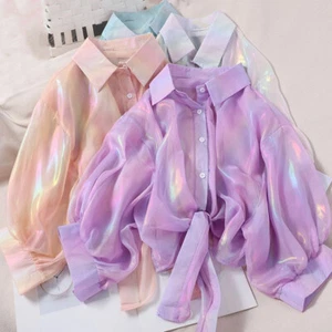 Lady Rainbow Shiny Shirt Buttons Down Crop Blouse Jacket See Through Fashion Top - Picture 1 of 16