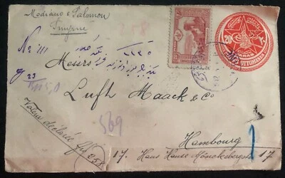 Cubierta fija postal Smyrna Turquía 1915 a Hamburgo Alemania sello de cera roja Foto 1 de 2