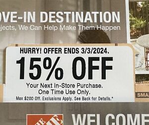 HD HOME DEPOT Coupon of 15% OFF Your next IN-STORE Purchase Max $200 to 3/3/24