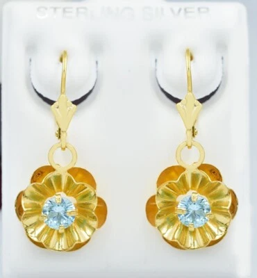 LAB CREATED 1.60 Cts  BLUE TOPAZ  FLOWER DANGLING EARRINGS .925 Silver - NWT - Image 1 of 4