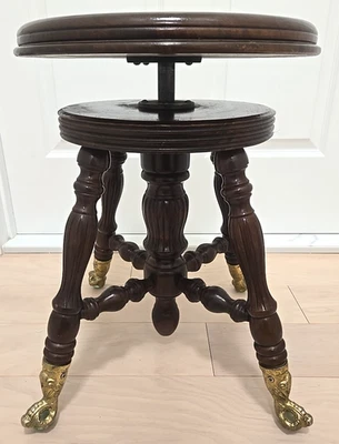 Victorian Style Wood Metal Claw Feet Glass Ball Piano Swivel Stool - Image 1 of 4
