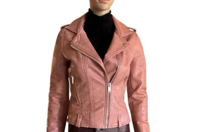 🎄 NUEVO SIN ETIQUETAS 🛍️ Mango Imitación Cuero Rosa Vacaciones Cóctel PUSTY ROSE MOTO CHAQUETA XXS Foto 1 de 4
