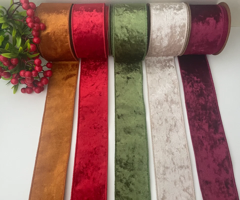 Velvet Ribbon in Assorted Colours, Wire Edged 63mm Width With a Metallic Reverse - Image 1 of 1