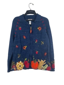 Tiara International Cardigan Maglione Raccolta Autunno Blu Ricamato Zucca S - Foto 1 di 13
