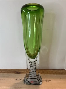 Adam Jablonski Signed Hand Blown Green Art Glass Vase Crystal 15” Made in Poland - Picture 1 of 13