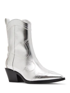 Women's Silver Western Ankle Boots Slip-On Block Heel Casual Booties Size 11 - Picture 1 of 12