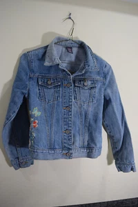 Gap Kids GIRLS L 10 Embroidered Flowers Butterflies Trucker Blue Jean Jacket - Picture 1 of 14