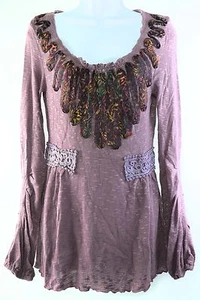 ZBA Long Sleeve Top Blouse Purple Embellished Scoopneck Zeeba Womens S Small New - Picture 1 of 9