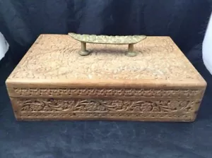 Japanese Carved Wood Box Tea Container Vintage Trinket Box with Ornate Handle - Picture 1 of 12