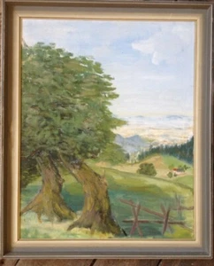 BAUM AM KOPPELZAUN WEIDE ÖLGEMÄLDE WEIDEN EXPRESSIONIST RAHMEN ANTIK BERGE ÖL - Bild 1 von 5