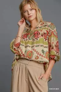 Umgee Full Size Border Print Notched 3/4 Puff Sleeve Blouse Plus Size - Picture 1 of 9