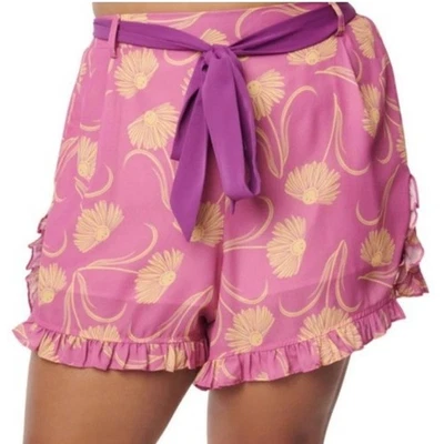 Único Vintage X Smiley Shorts XL 14 Rosa Margarita Floral Cinturón Amarillo Festival Foto 1 de 4