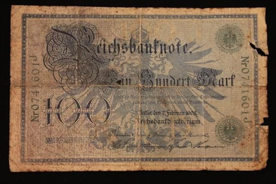 Billete de 100 Reichsbanknote de Alemania 1908 marco alemán sello verde papel moneda P-34 Foto 1 de 2