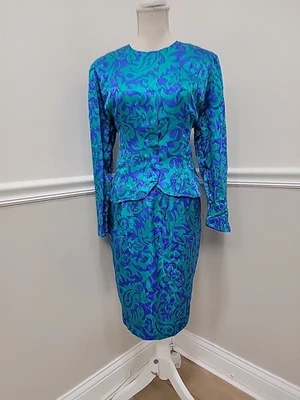 Traje Adrianna Papell Vintage 100% Seda 2 Piezas 12 Blazer Falda/Esmeralda, Púrpura  Foto 1 de 4