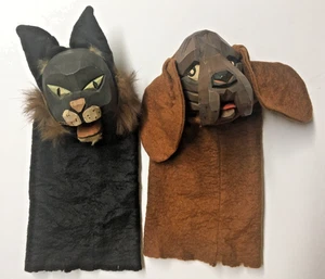 ANTIQUE VINTAGE WOOD CARVED GERMAN DOG & CAT HAND PUPPETS LOTTE SIEVERS HAHN - Picture 1 of 16