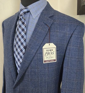 NEW Jos A Bank 46R Blazer Linen Wool Windowpane Blue Checked Sport Coat Jacket - Picture 1 of 21