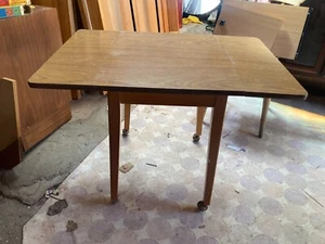 Vintage Brown Wooden Drop Leaf Dining Table Formica Top Detachable Legs Wheels - Picture 1 of 10