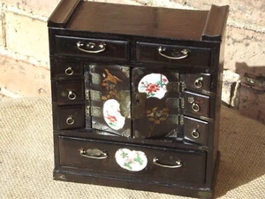 Small Japanese Black Lacquer Kodansu or Tansu Desk top cabinet 11 drawer 2 door - Picture 1 of 14