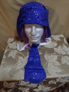 Purple Wig With Blue Sequined Hat And Tie - Picture 1 of 5