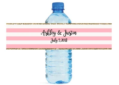 Etiquetas de botellas de agua rosa y blanco a rayas con borde dorado boda aniversario Foto 1 de 4