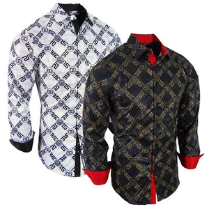 Mens Shirt Luxury Logo Print Bronze Italian Stripe Sheen Stretch Slim Fit Button - Picture 1 of 7