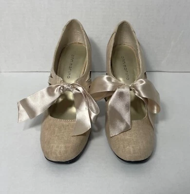 Zapatos de salón Ann Marino Mary Jane Bow estilo vintage LIDO tela color arena talla 7,5 Foto 1 de 4
