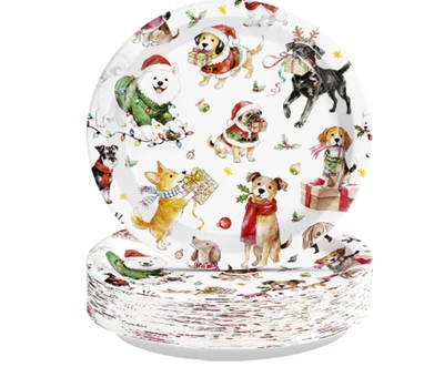 50 peças pratos de festa de Natal para cachorros, suprimentos descartáveis para férias com estampa de filhote feliz - Imagem 1 de 4