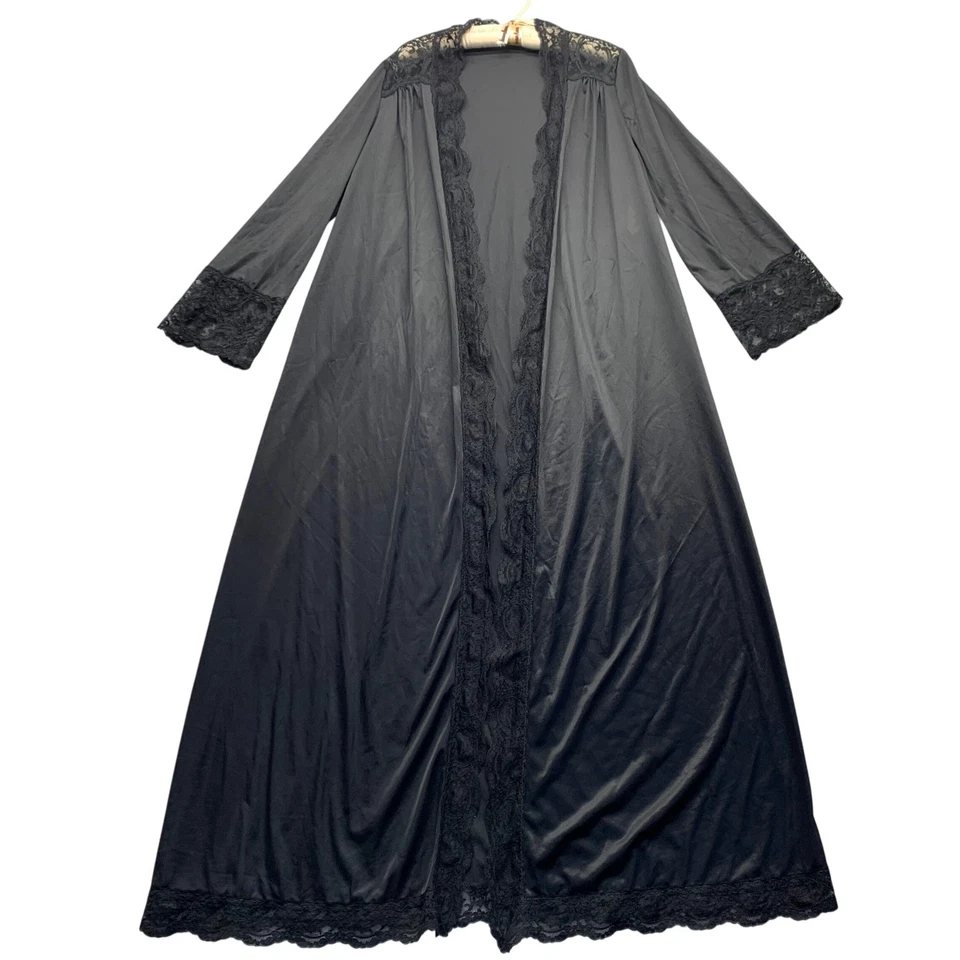 OLGA Black Lace Trim Long Sleeve Full Length Nightgown Robe M Style 9702 Boudoir - Image 1 of 4