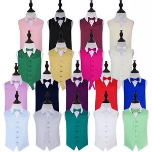 Boys Waistcoat Bow Tie Set Satin Plain Solid Formal Wedding Vest by DQT - Picture 1 of 57