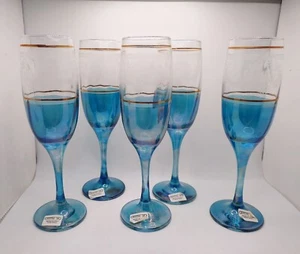 Vtg Cristal Crystal Iridescent Dark Blue Champagne Wine Glass Filigree Gold Trim - Picture 1 of 13