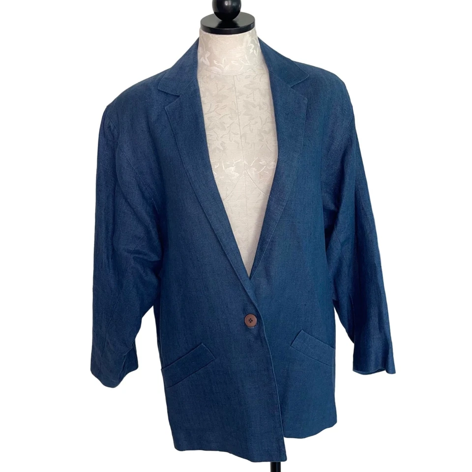Blazer Finity Feminino Vintage Tamanho 12 Azul Linho Puro Bolsos Anos 80 Retrô - Imagem 1 de 4