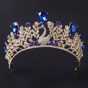 7cm Tall Adult Sapphire Blue Drip Crystal Swan Tiara Wedding Prom Queen Princess - Foto 1 di 9