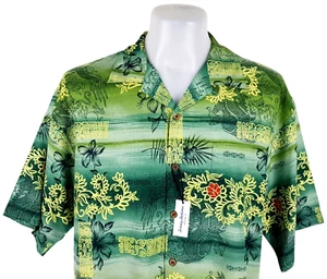 CAMICIA HAWAIANA LUSSO TOMMY BAHAMA uomo 100% seta verde S/S - L - 50" - prezzo consigliato £ 119 - Foto 1 di 12