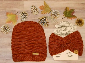 2 For One Price! Rust Slouchy Hat plus Twist Hdbnd Beanie Boho Women's Winter  - Picture 1 of 3