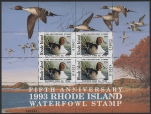 1993 Rhode Island Duck Souvenir Sheet of 4 MNH signed by Governor Bruce Sundlun - Picture 1 of 1