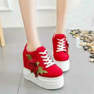 New Women's Lace Up Embroidery Flower Sneakers Platform Wedge High Heel Shoes - Picture 1 of 15