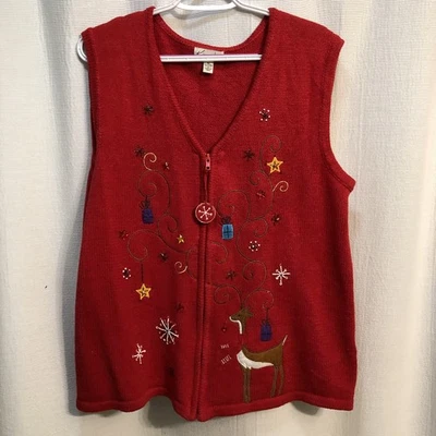 Vintage Kim Rogers Ugly Christmas Sweater Cardigan Vest Red Large Reindeer XL - Image 1 of 4