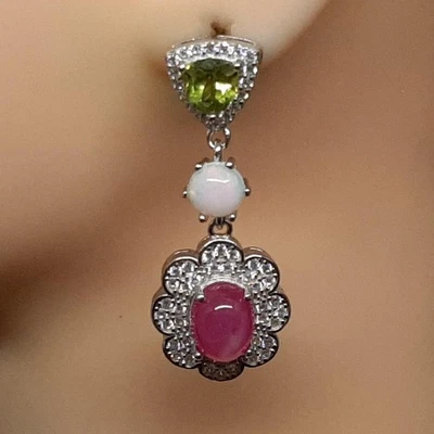 World Class 8.90ct Star Ruby, Opal, Peridot & White Sapphire 925 Silver Earrings - Image 1 of 4