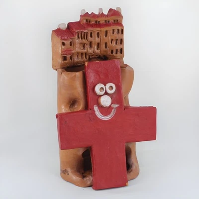 Scultura Case Mount Sospensione Bacino Terracotta Cuciture Croce Rossa Firmato - Immagine 1 di 4