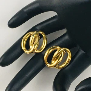 Clip On Earrings Oval Shiny Gold Tone Tubular Intertwined Knot Vintage - Picture 1 of 5
