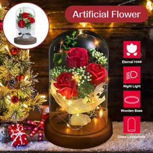 LED Ewige Rose im Glas Kuppel Geschenke für Mama Frauen Künstliche Rose Blumen - Bild 1 von 12